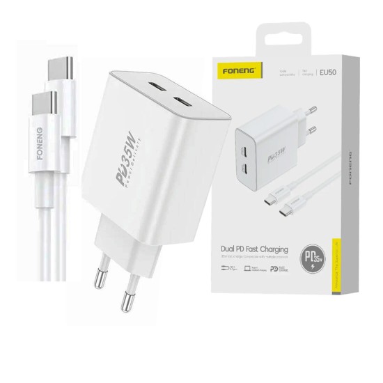 Foneng Charger EU50 Dual Ports (Type C+Type C) PD35W with Type C to Type C Cable White Foneng Charger EU50 Dual Ports (Type C+Type C) PD35W with Type C to Type C Cable White